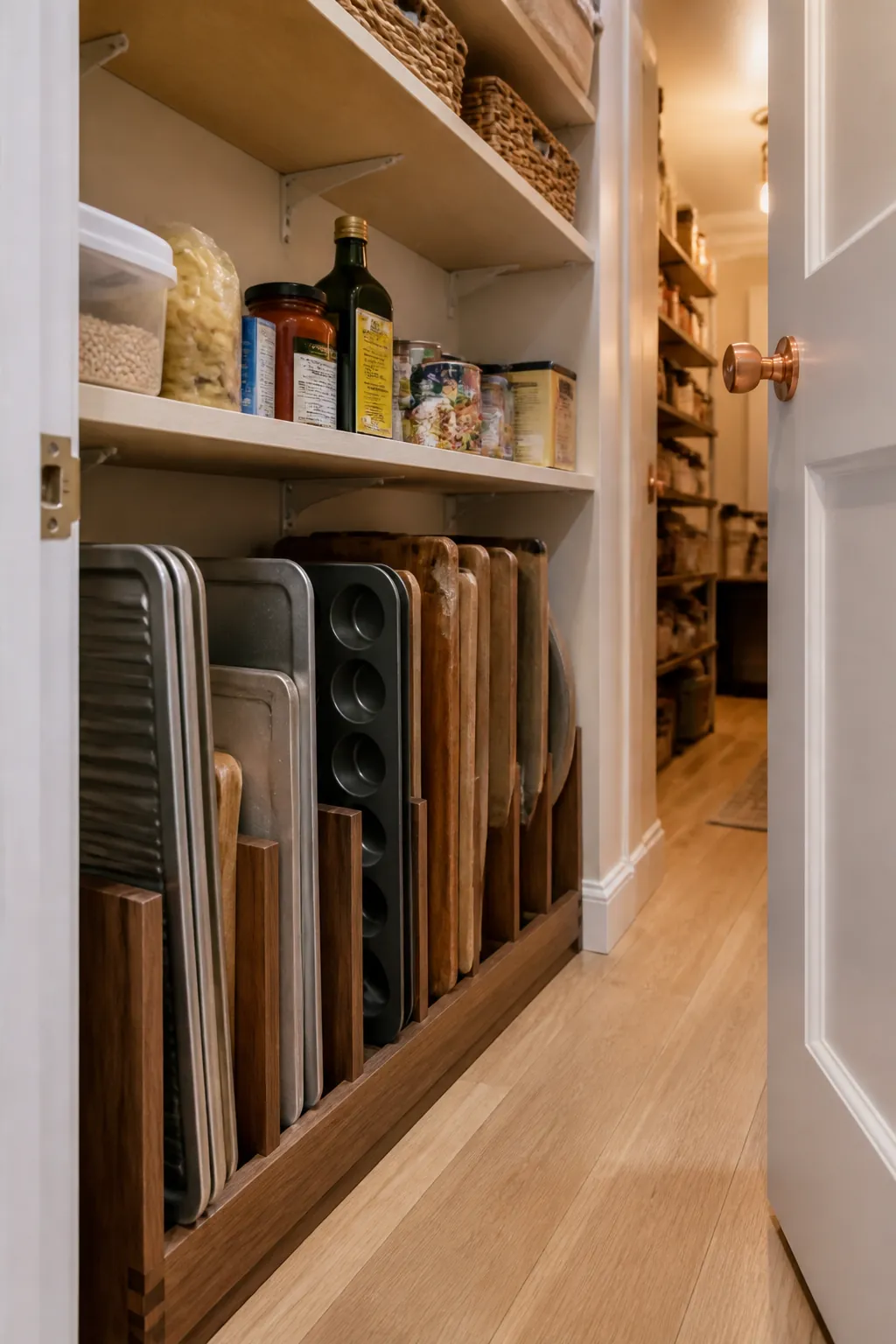 Narrow walk in pantry showing store trays in vertical dividers