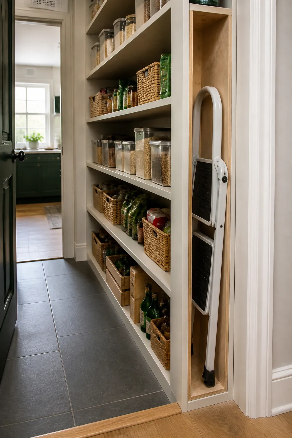 Narrow walk in pantry showing park a folding stool in its own slot
