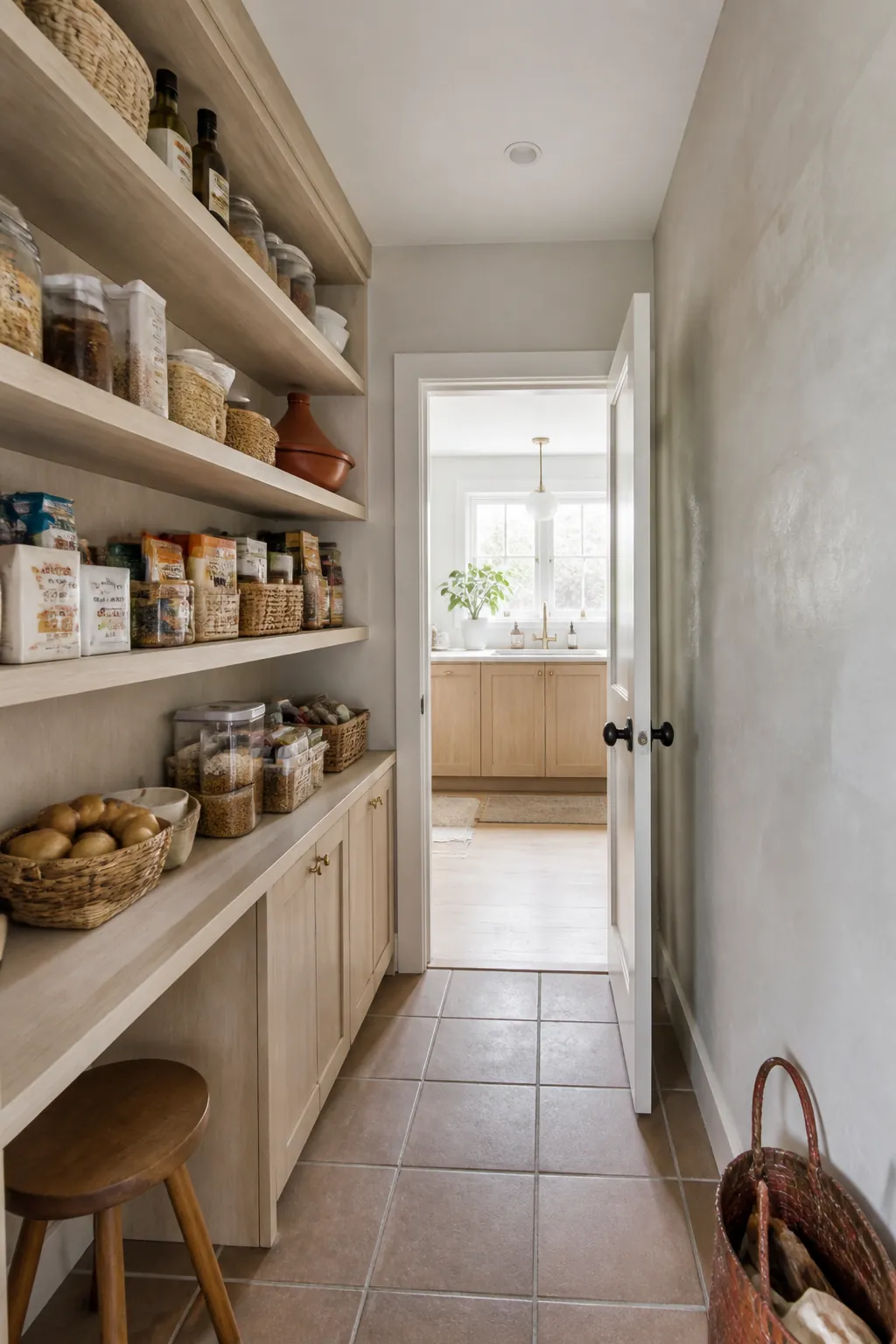Narrow walk in pantry showing use light finishes without going sterile