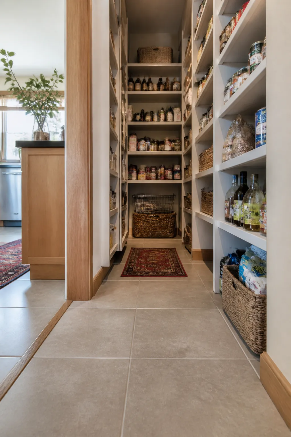 Narrow walk in pantry showing continue the kitchen floor through