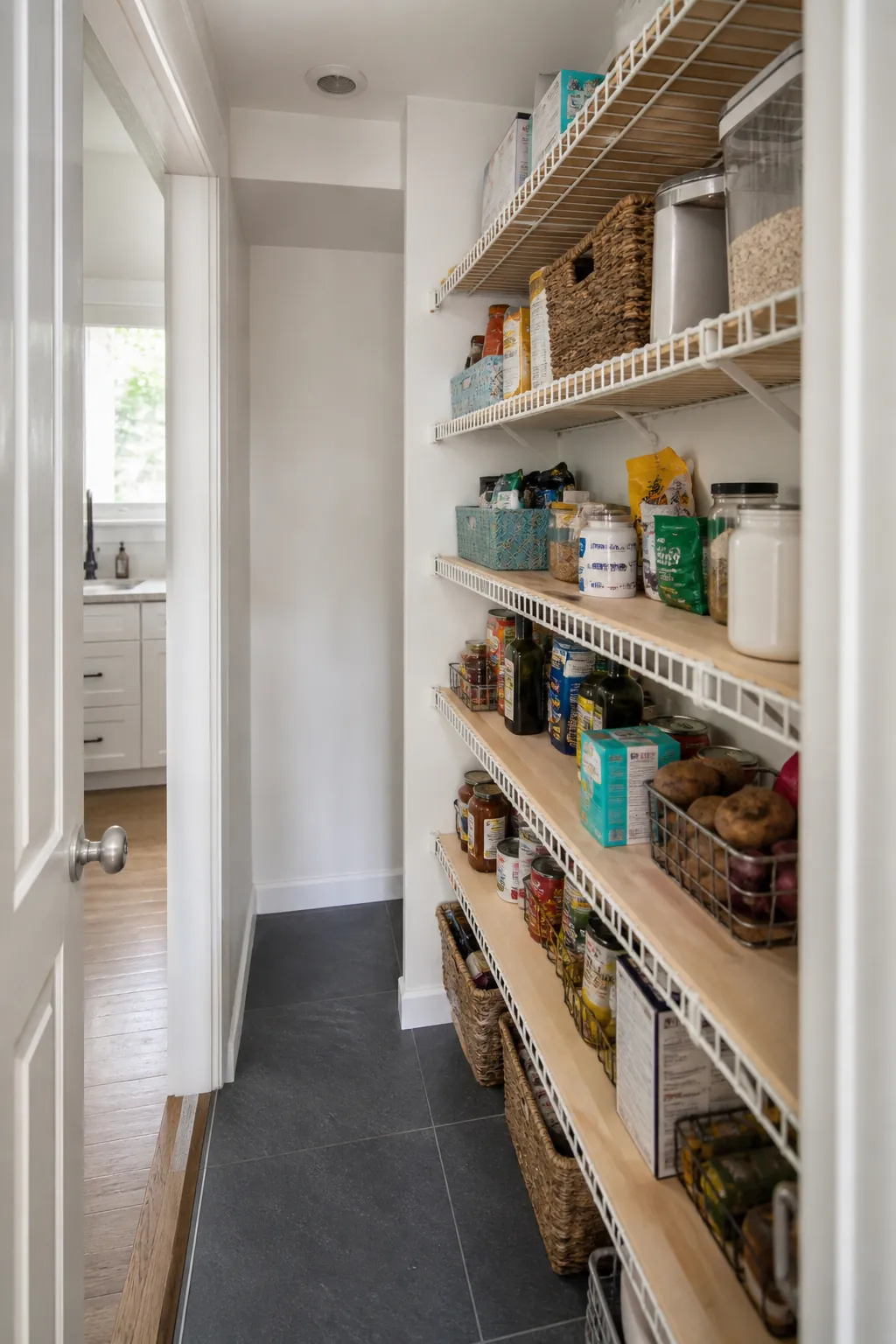 Narrow walk in pantry showing improve wire shelves with removable inserts