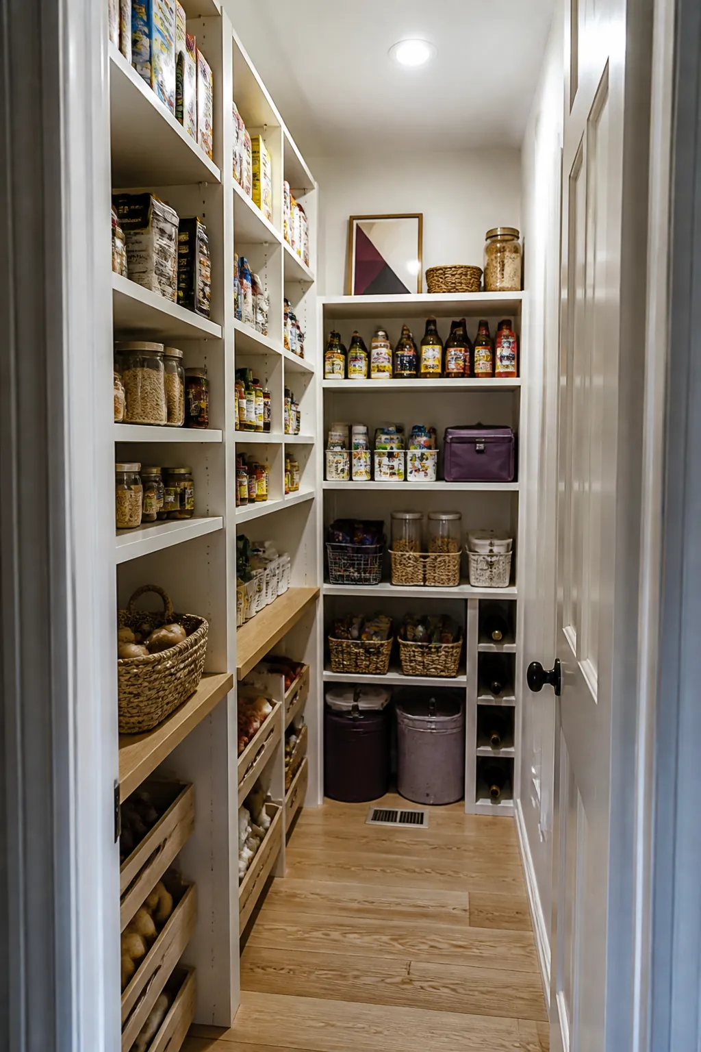 Narrow walk in pantry showing design around your actual grocery list
