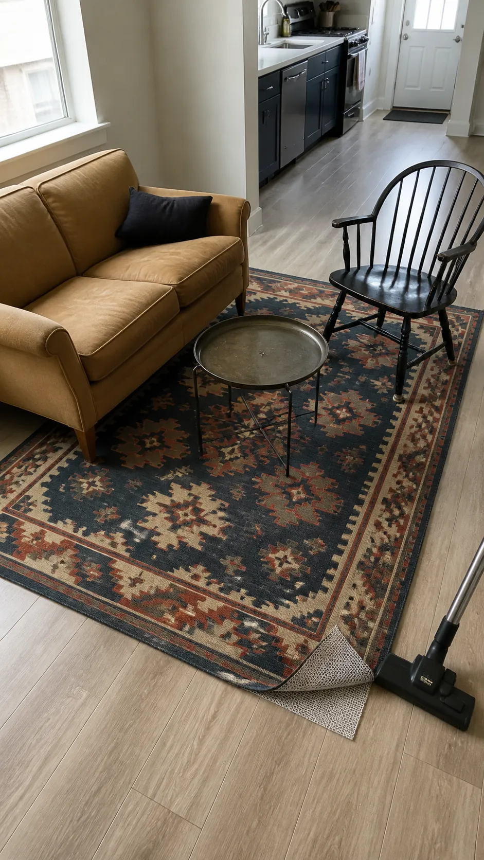 Secondhand flatweave rug anchoring a cozy small apartment living room