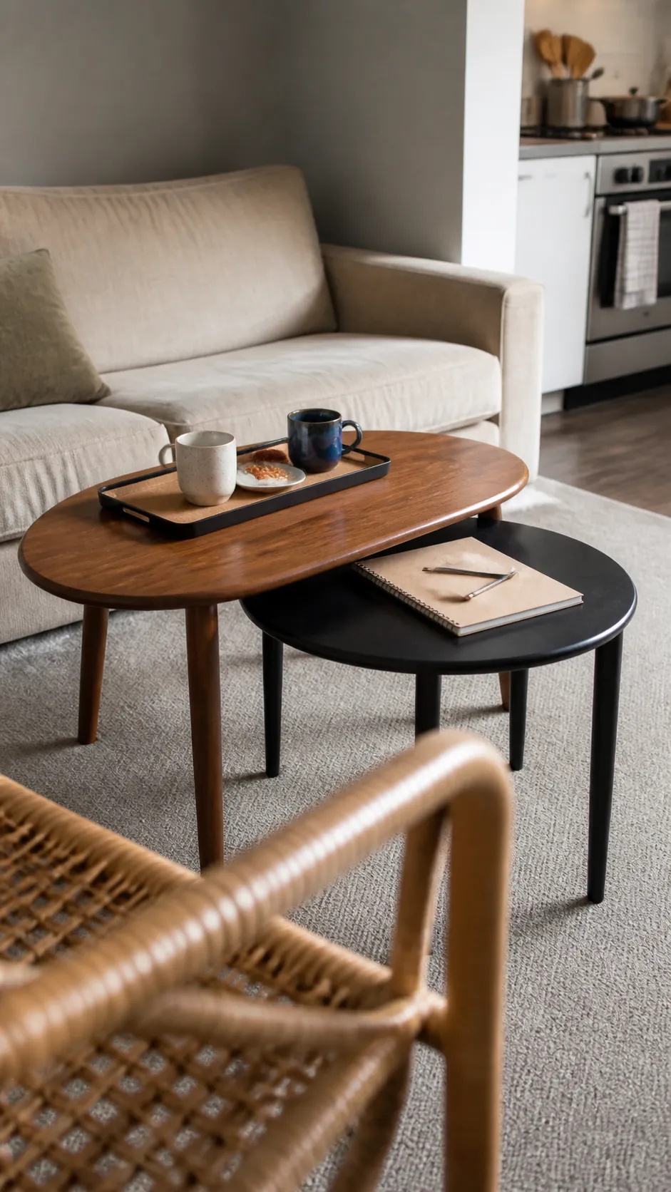 Mismatched nesting tables used as a flexible apartment coffee table