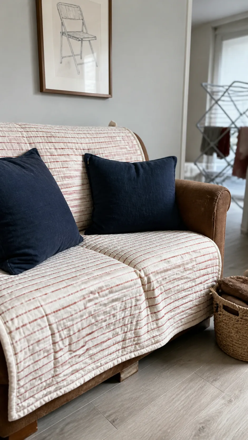 Cotton coverlet refreshing a worn rental apartment sofa