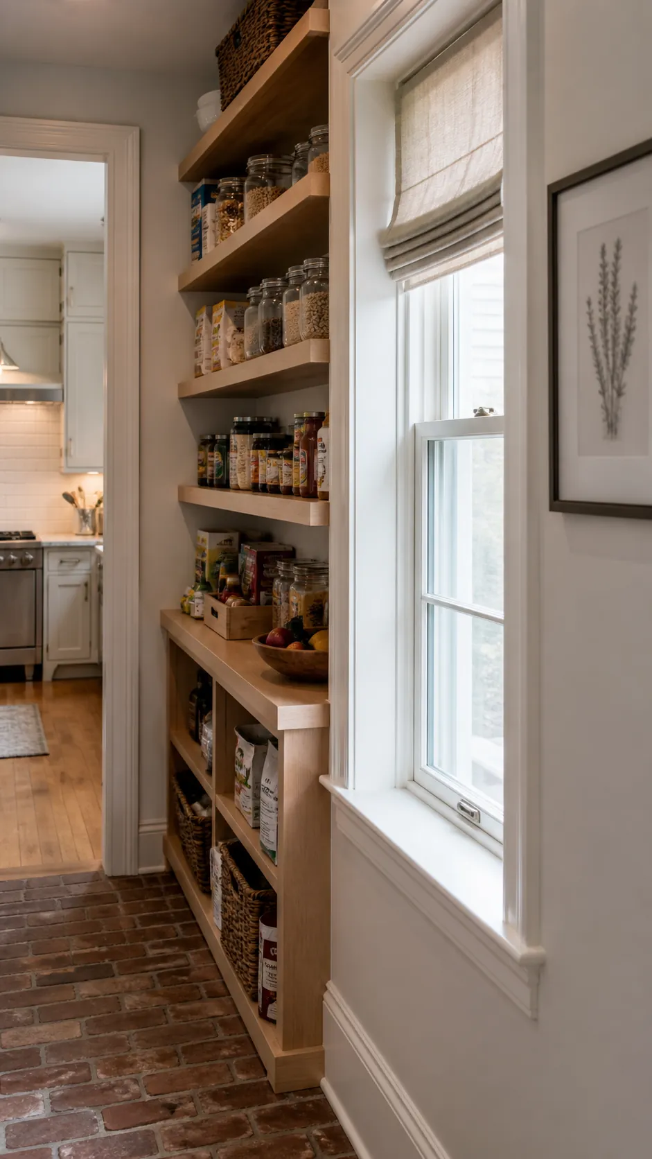 Walk in pantry layout with window showing keep shelves clear of the window trim