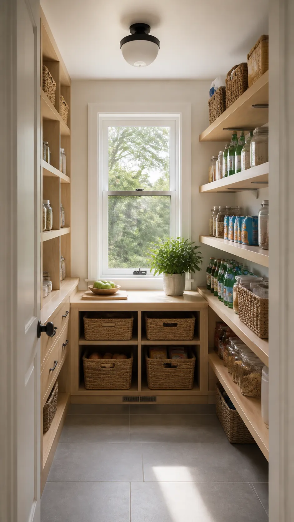 Walk in pantry layout designed around a bright operable window