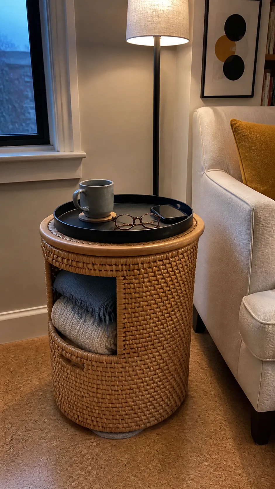 Lidded woven basket serving as storage and a small side table