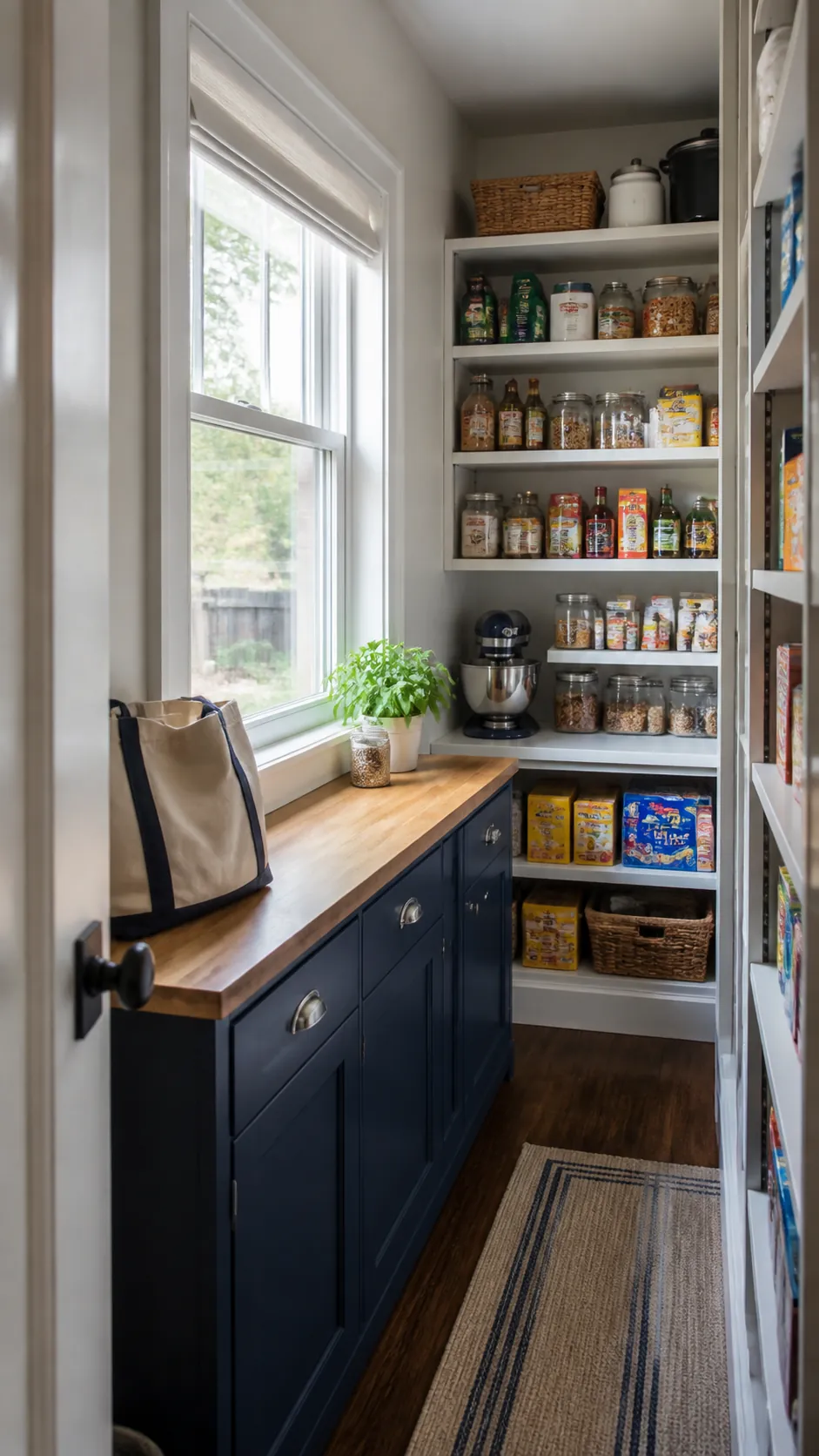 Walk in pantry layout with window showing build a counter below the sill