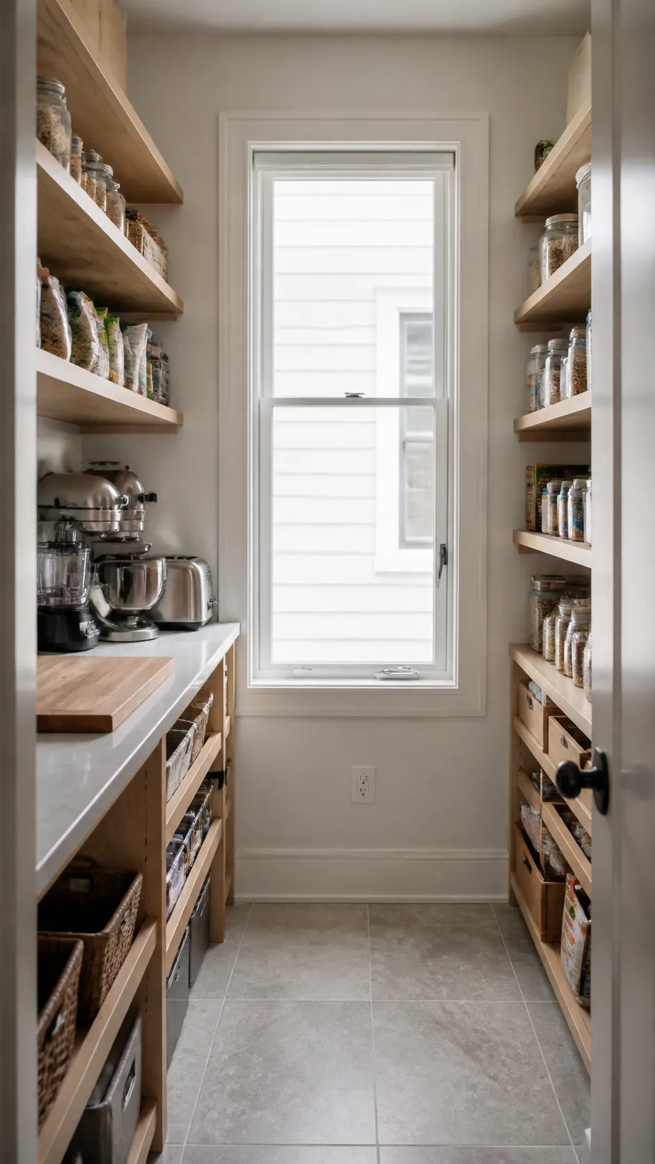 Walk in pantry layout with window showing center the window at the end of a galley