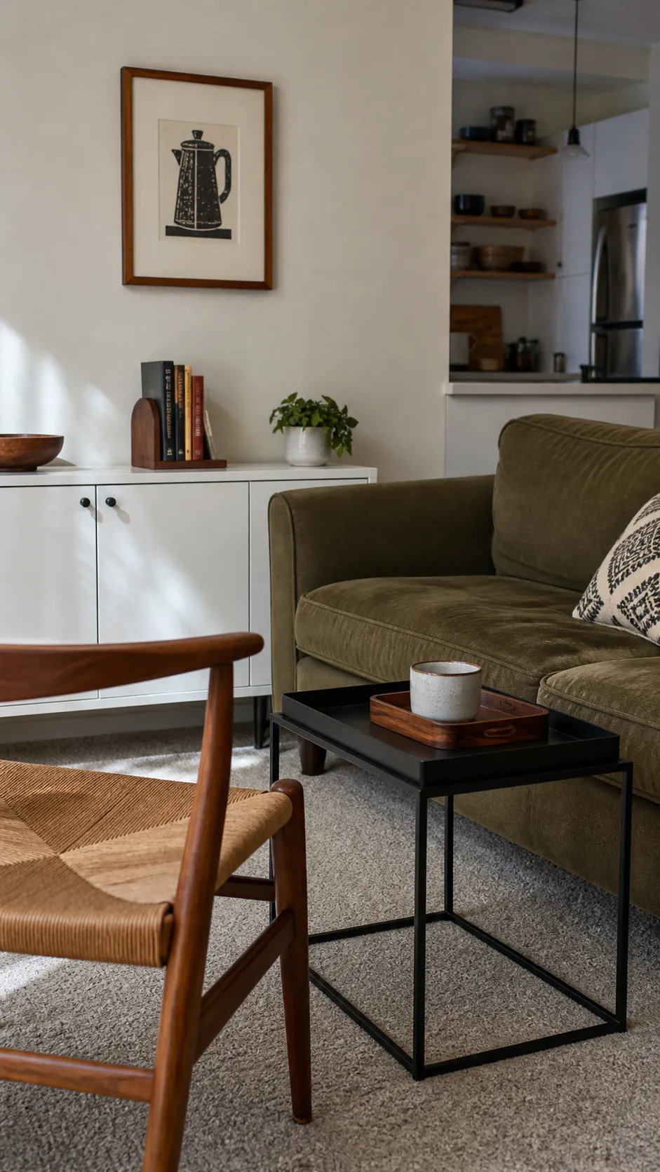 Warm wood tones unifying mismatched budget apartment furniture