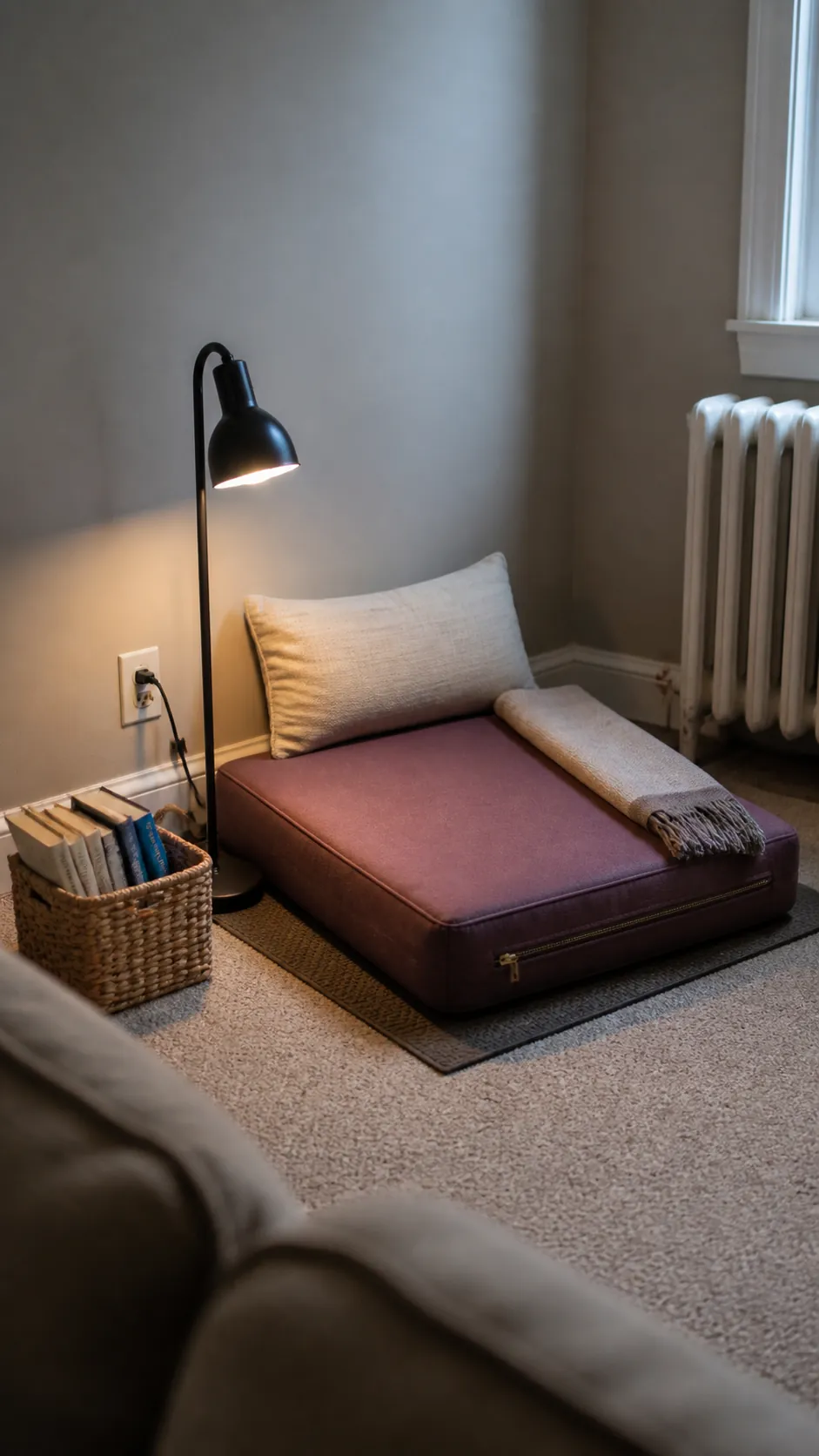 Supportive floor cushion creating a cozy rental living room corner
