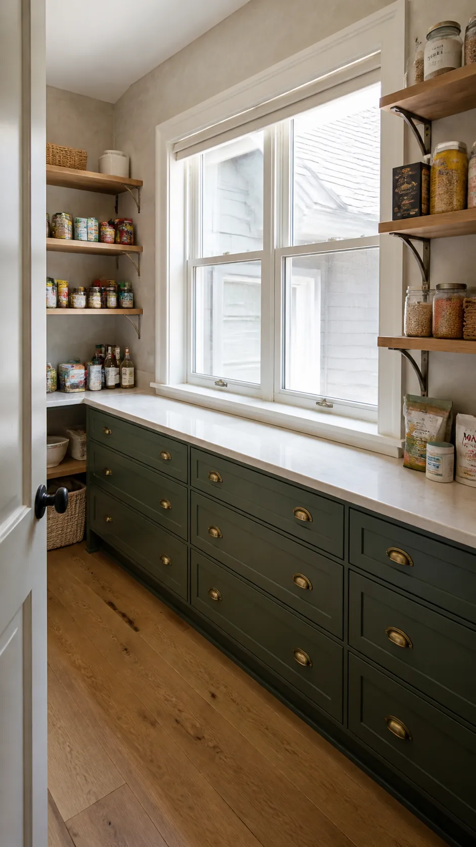Walk in pantry layout with window showing wrap low storage beneath a wide window