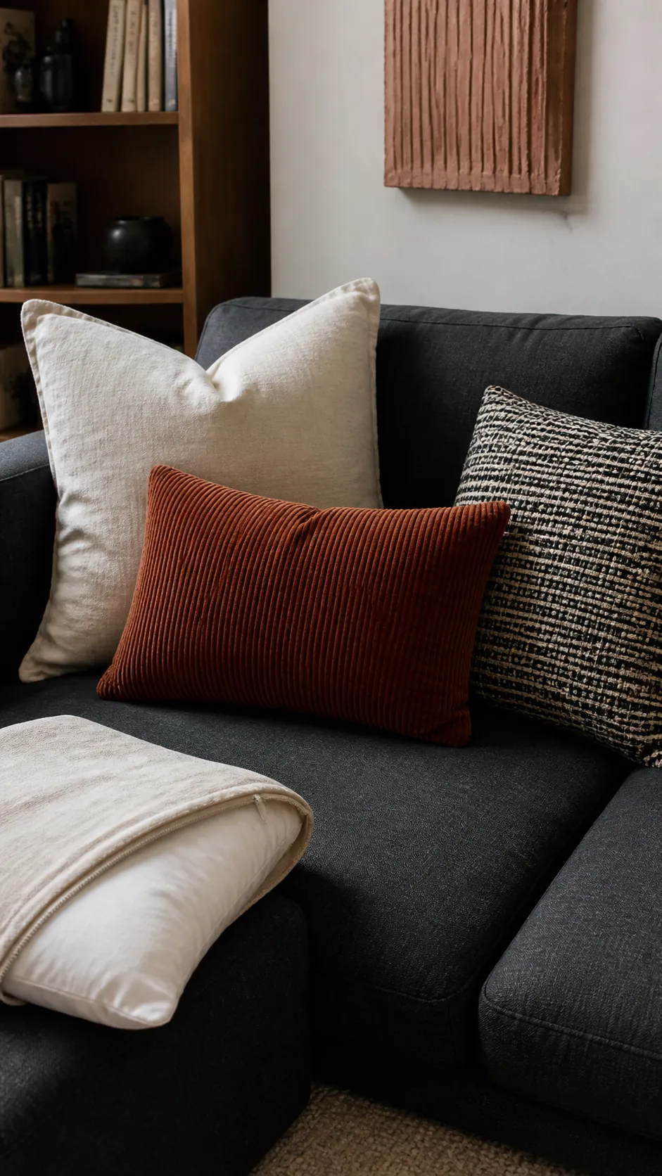 Mixed texture pillow covers warming a basic apartment sofa