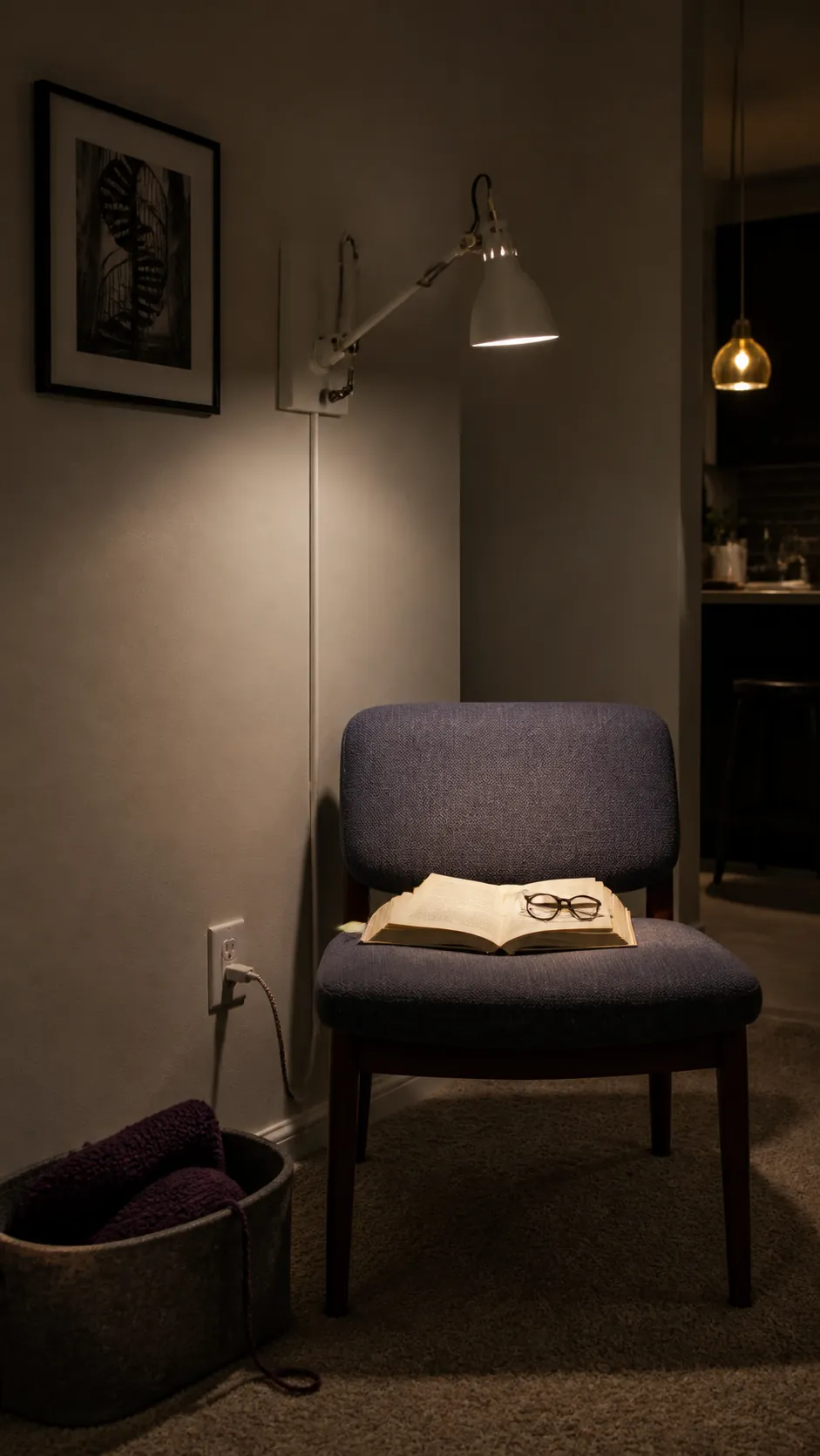 Plug in wall sconce lighting a compact apartment reading chair