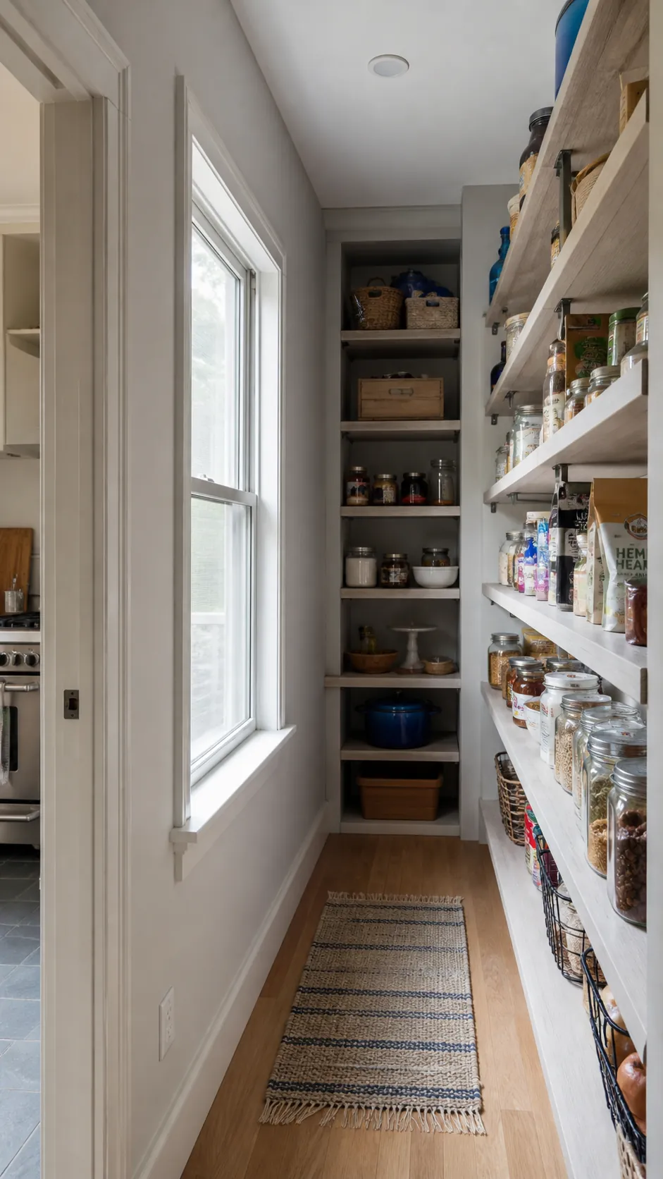 Walk in pantry layout with window showing use a side window to light shelf faces