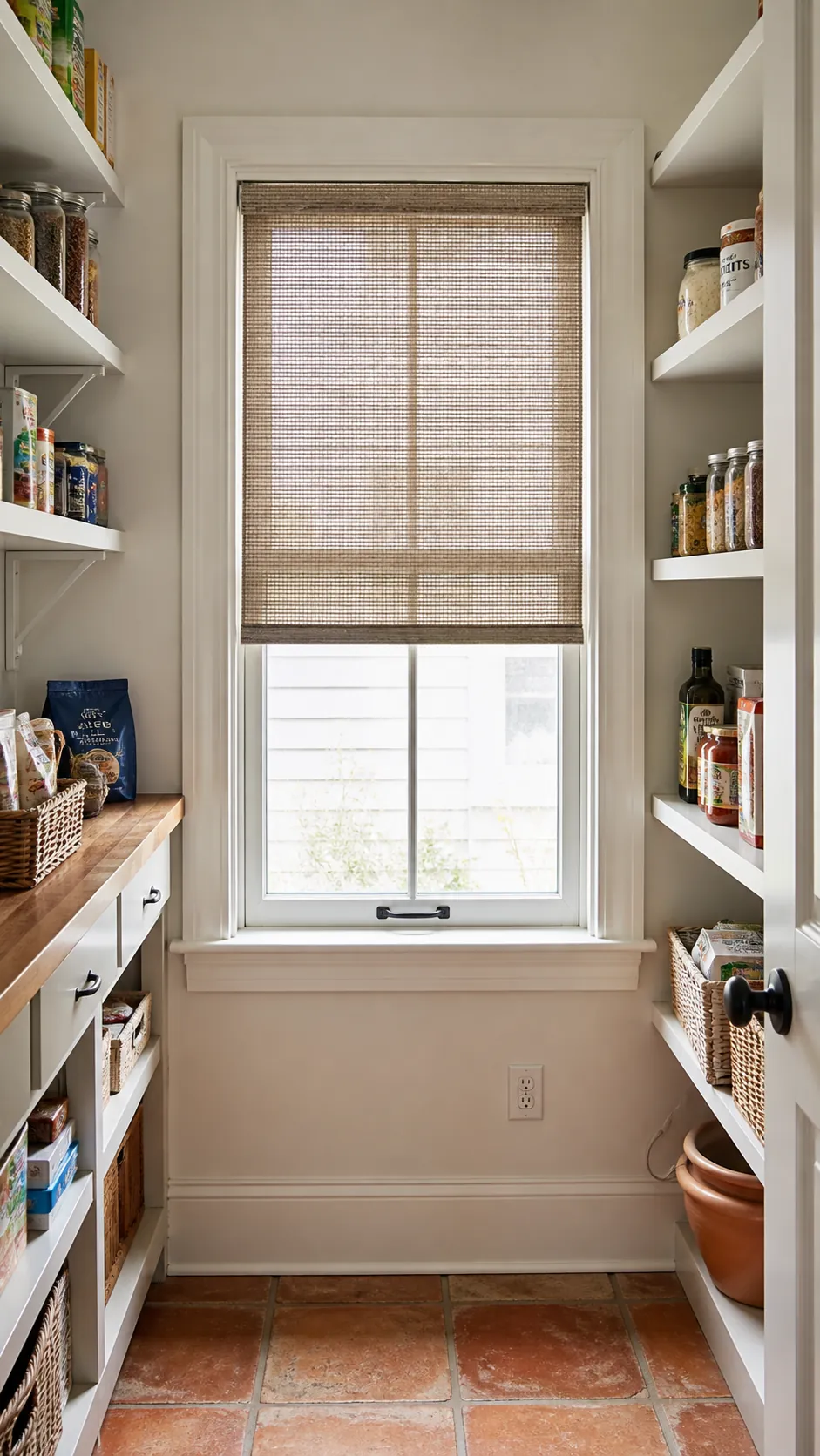 Walk in pantry layout with window showing fit a solar shade inside the casing