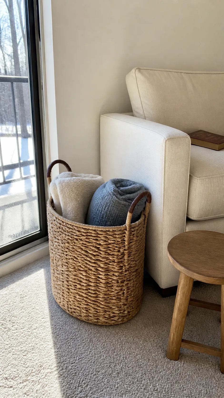 Open woven basket holding two everyday throws beside a small sofa