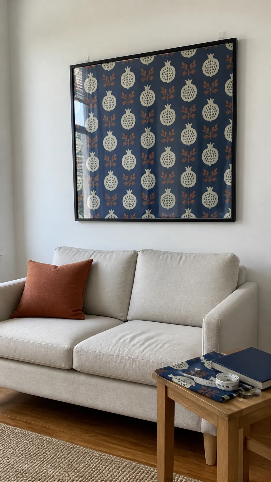 Large framed block print fabric adding affordable rental wall decor