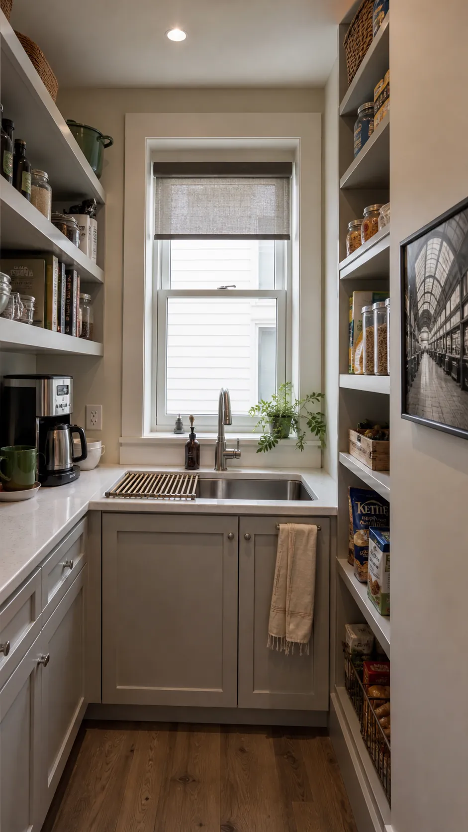 Walk in pantry layout with window showing put a sink under the window