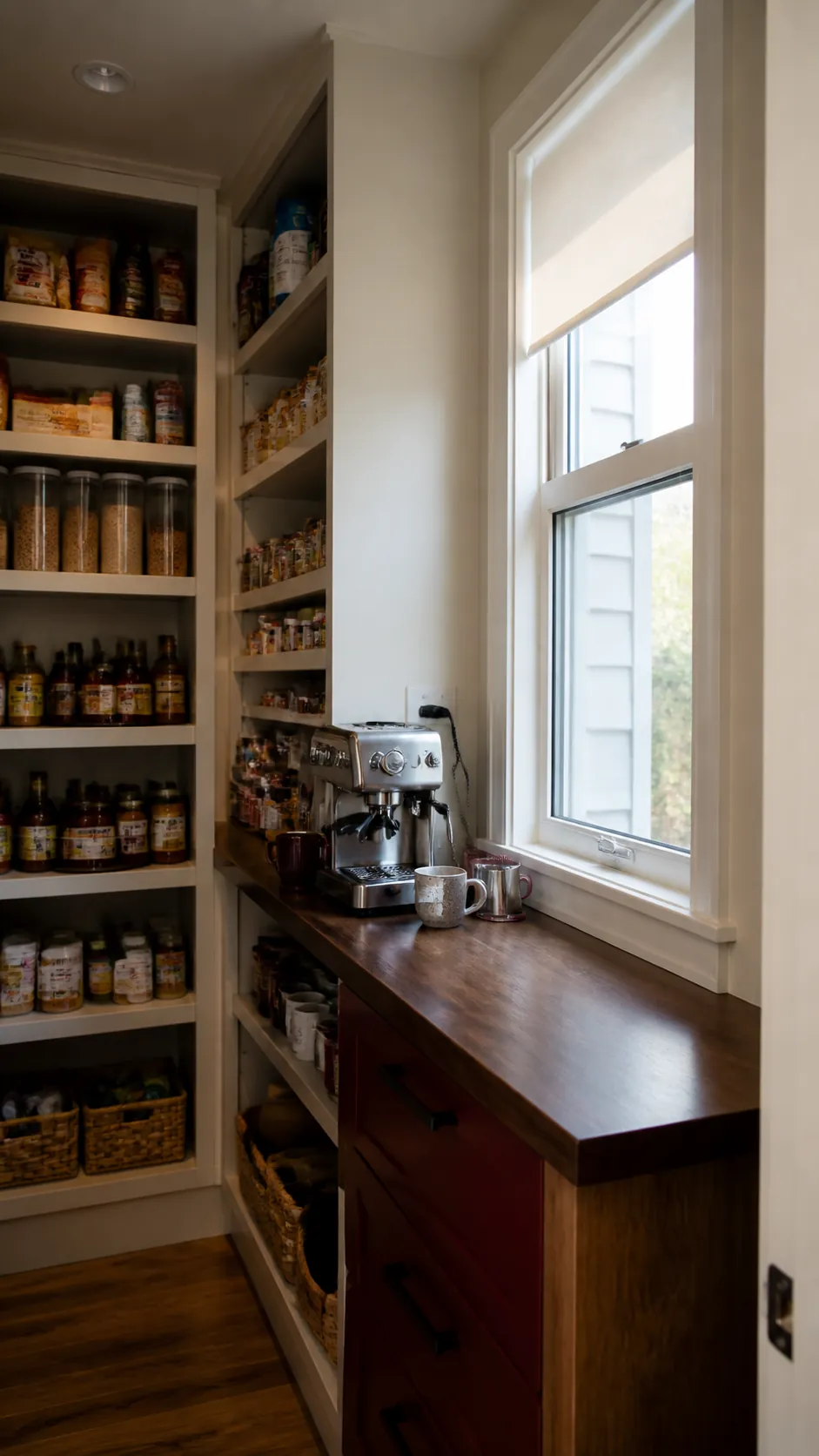 Walk in pantry layout with window showing create a coffee counter beside the glass