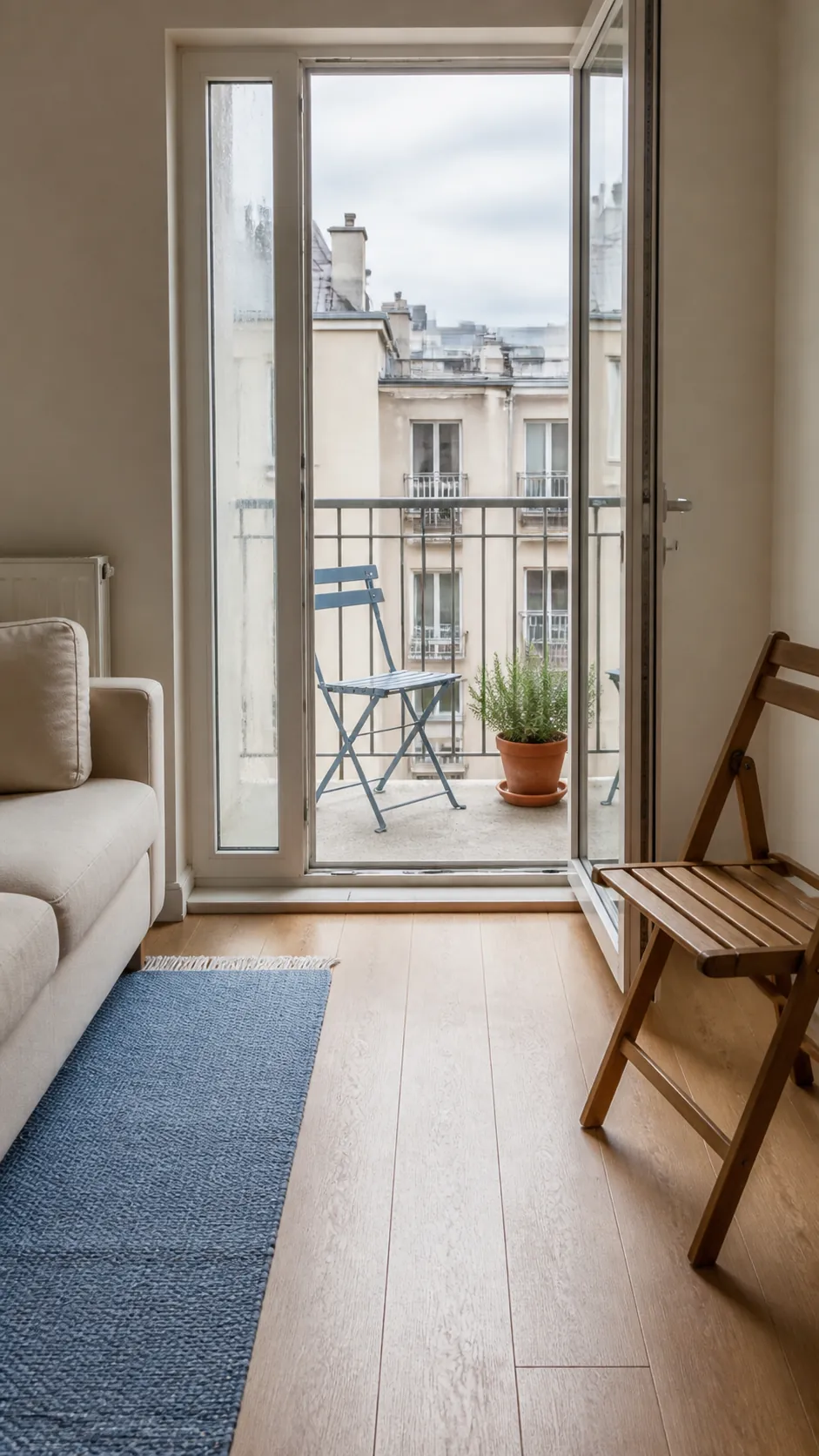 Clear route to a small balcony extending a cozy rental living room