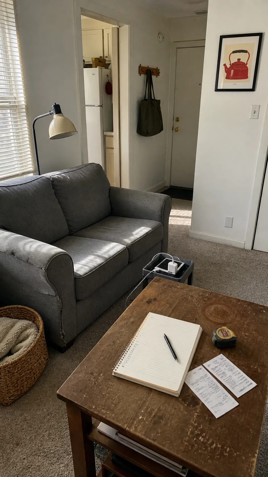 Lived in budget rental living room arranged around daily routines