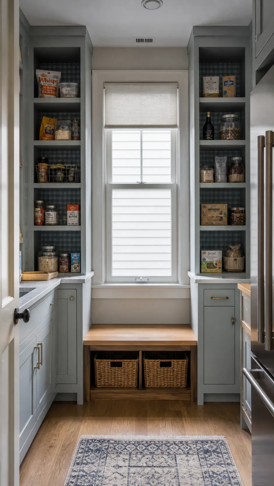 Walk in pantry layout with window showing frame the window with symmetrical towers