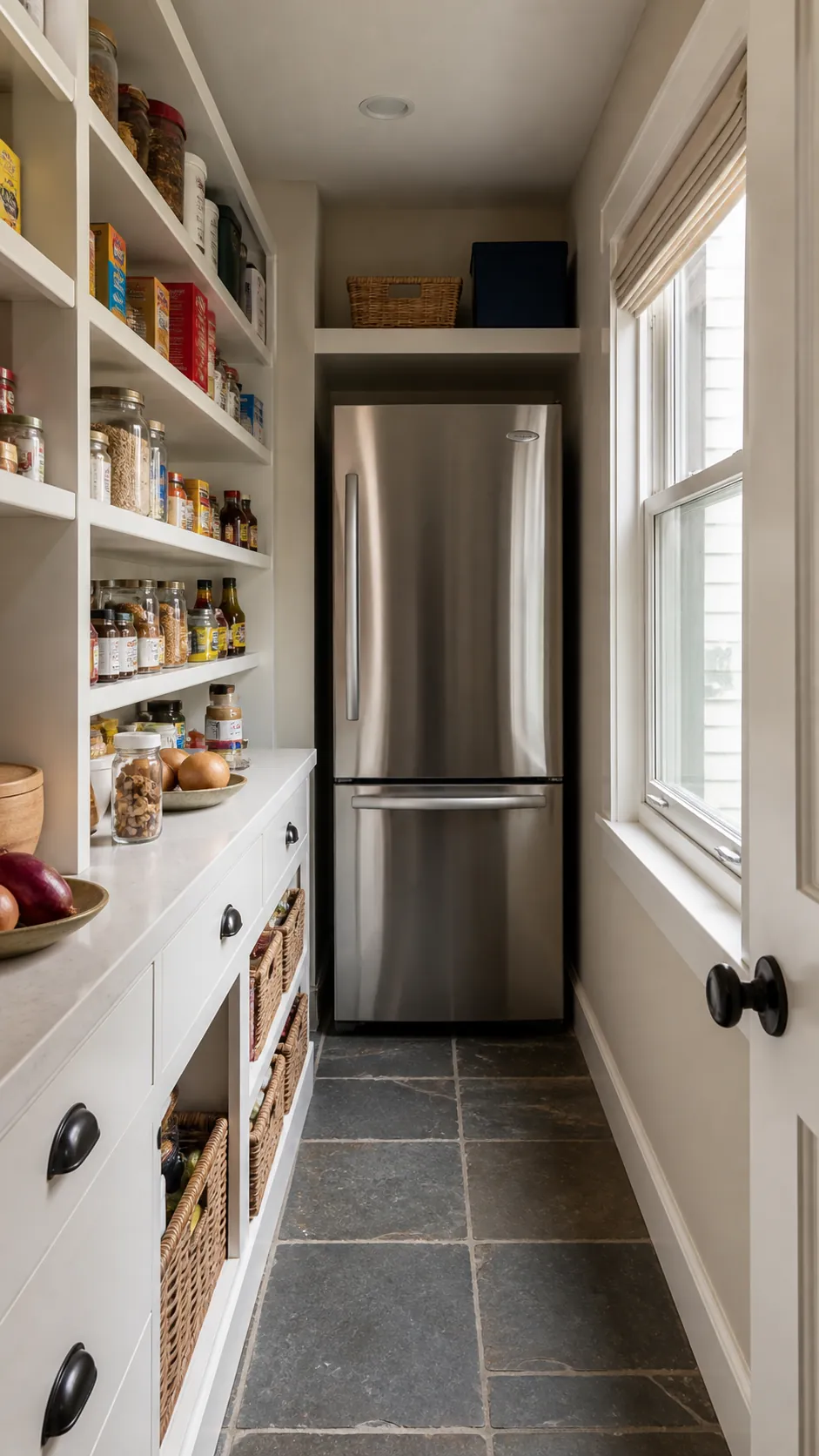 Walk in pantry layout with window showing place the fridge on the shaded wall