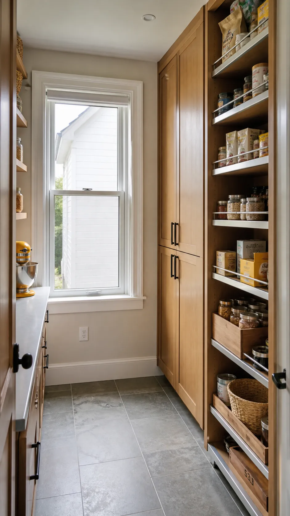 Walk in pantry layout with window showing use an asymmetrical window wall