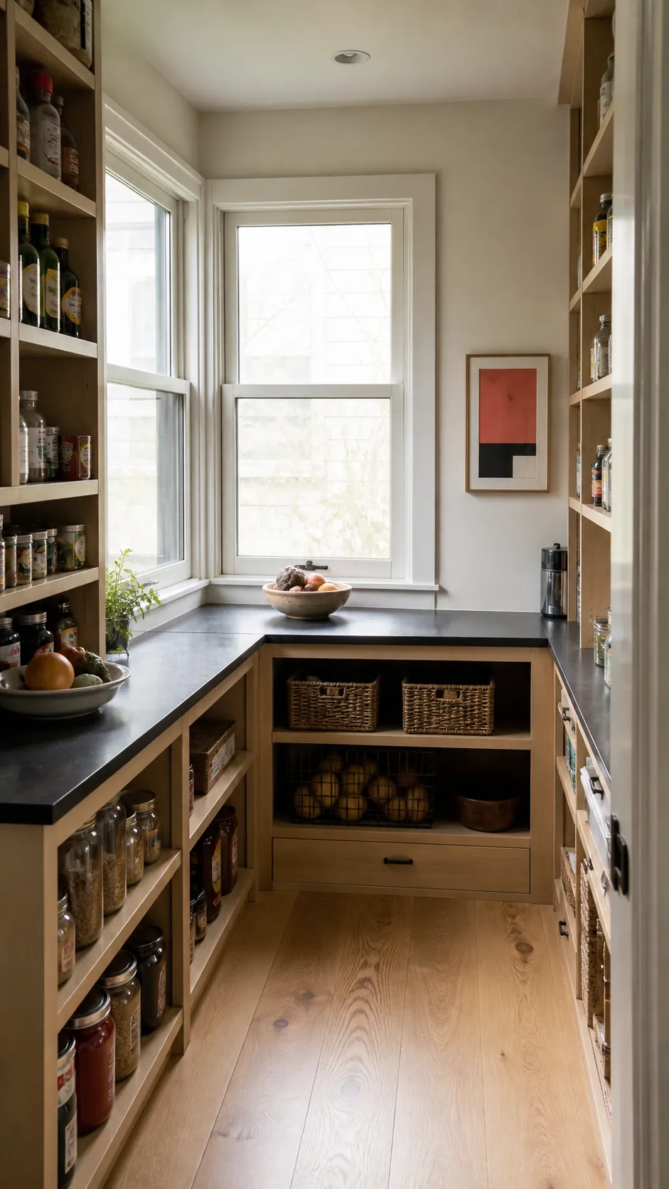 Walk in pantry layout with window showing turn the window corner into an l