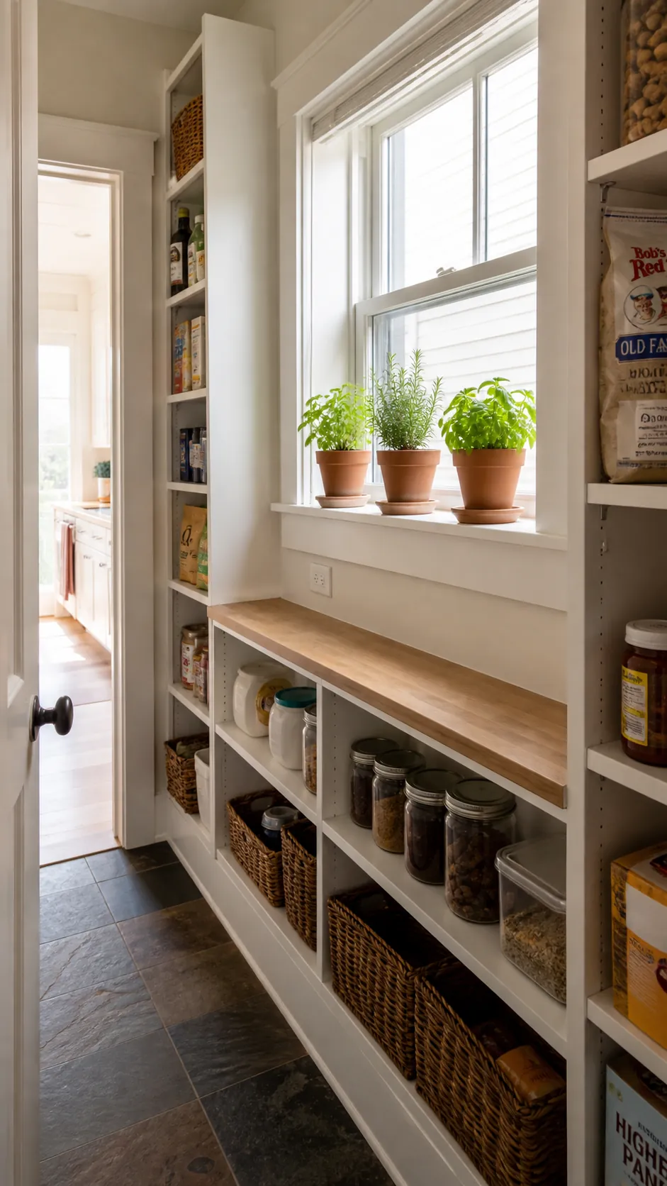 Walk in pantry layout with window showing add a narrow herb ledge carefully