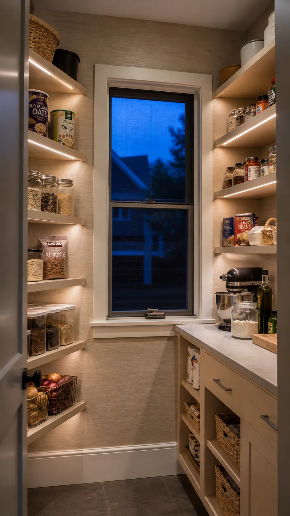 Walk in pantry layout with window showing plan night lighting around the window