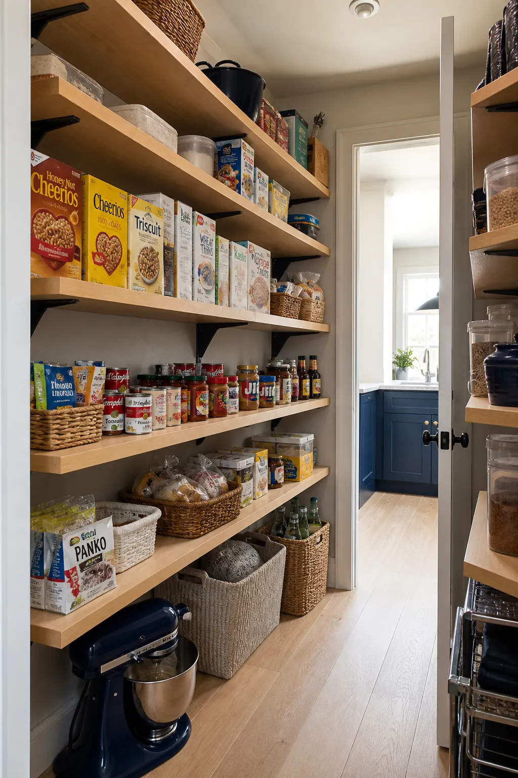 Walk in pantry shelves showing use twelve inches for flexible groceries