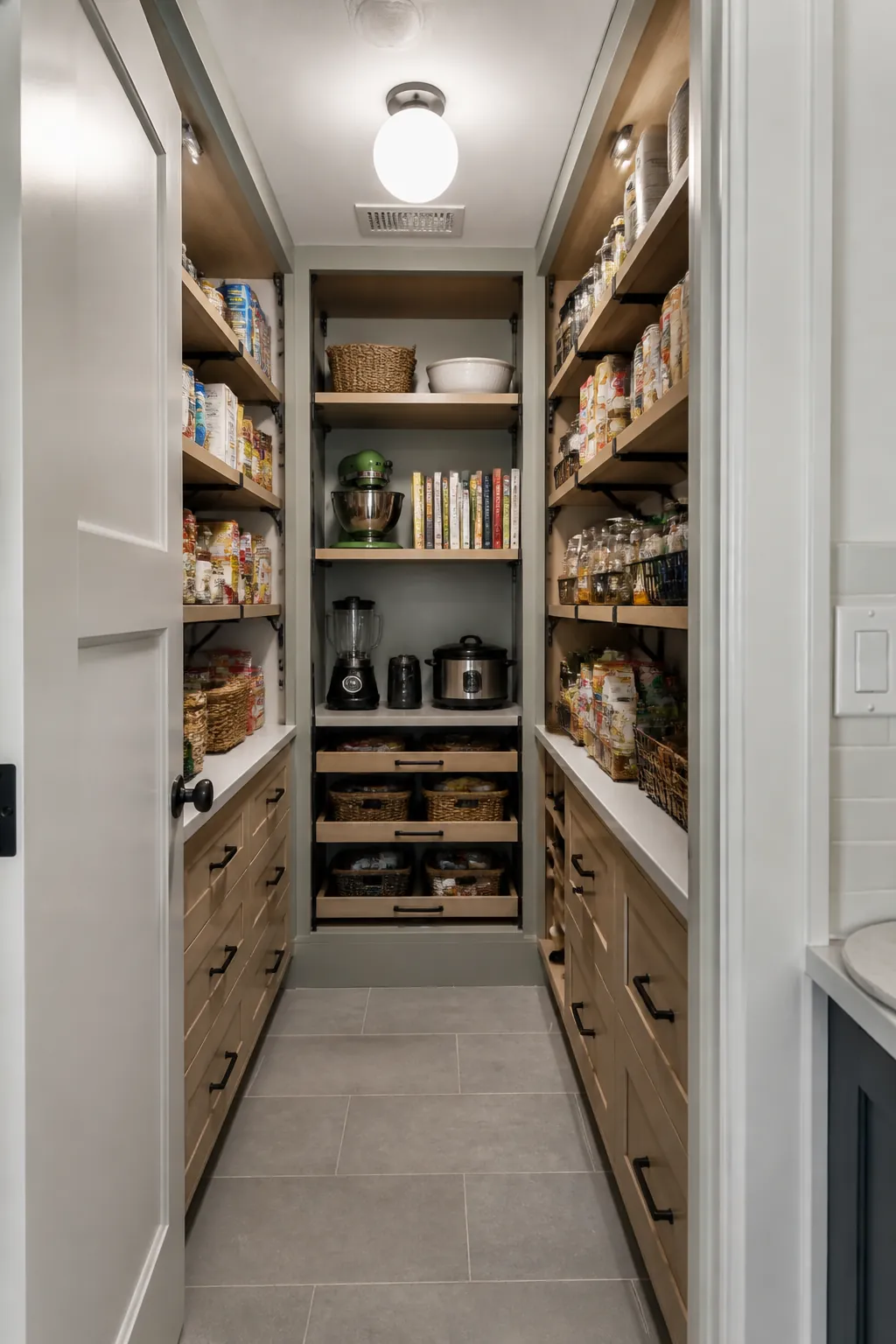 Walk in pantry with mixed depth shelves and a clear practical aisle