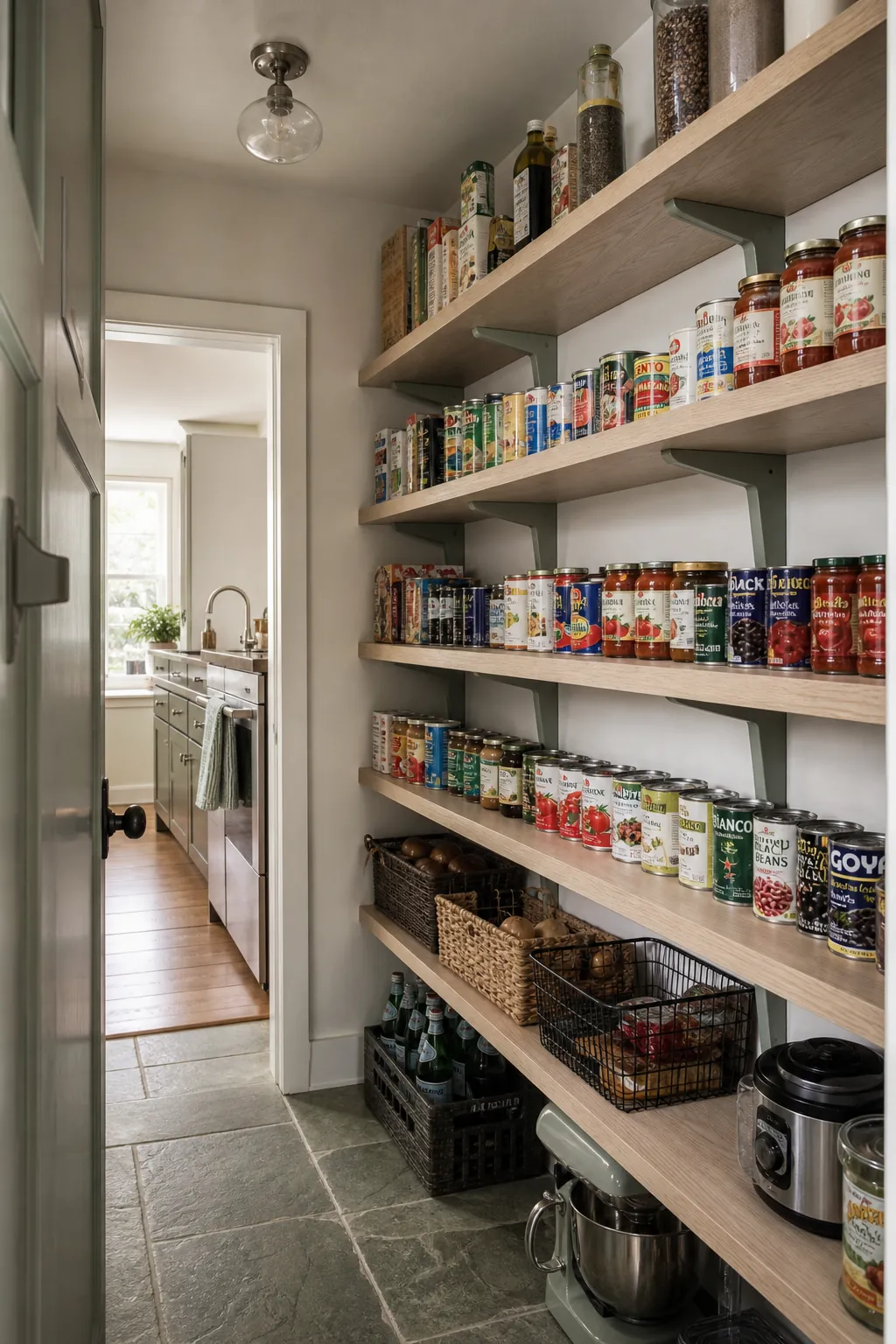 Walk in pantry shelves showing make cans one row deep
