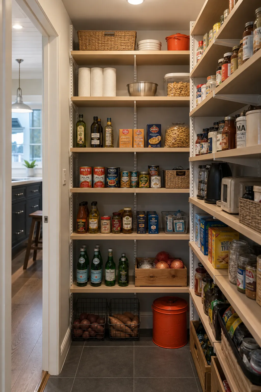Walk in pantry shelves showing install adjustable standards