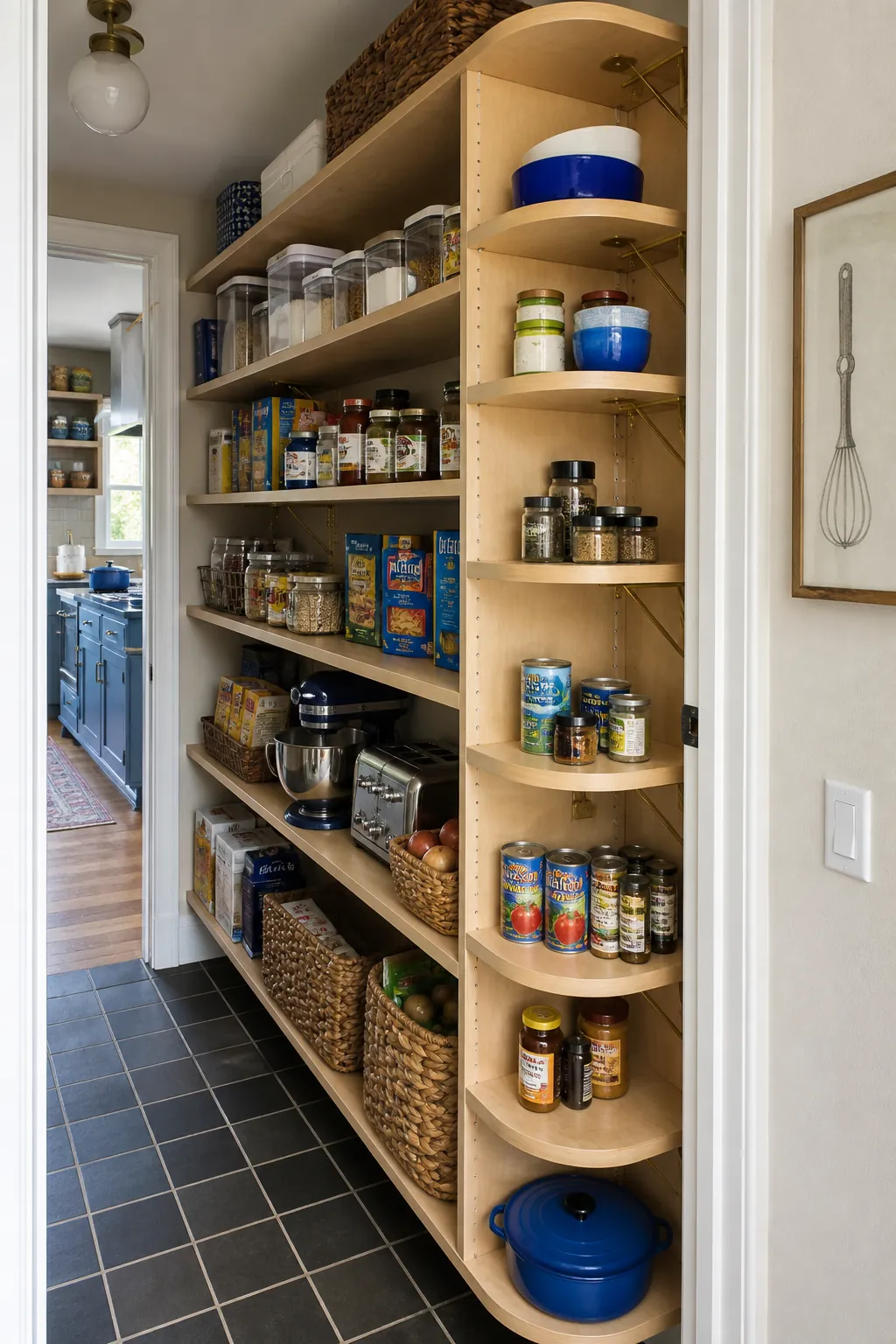 Walk in pantry shelves showing taper shelves near the door
