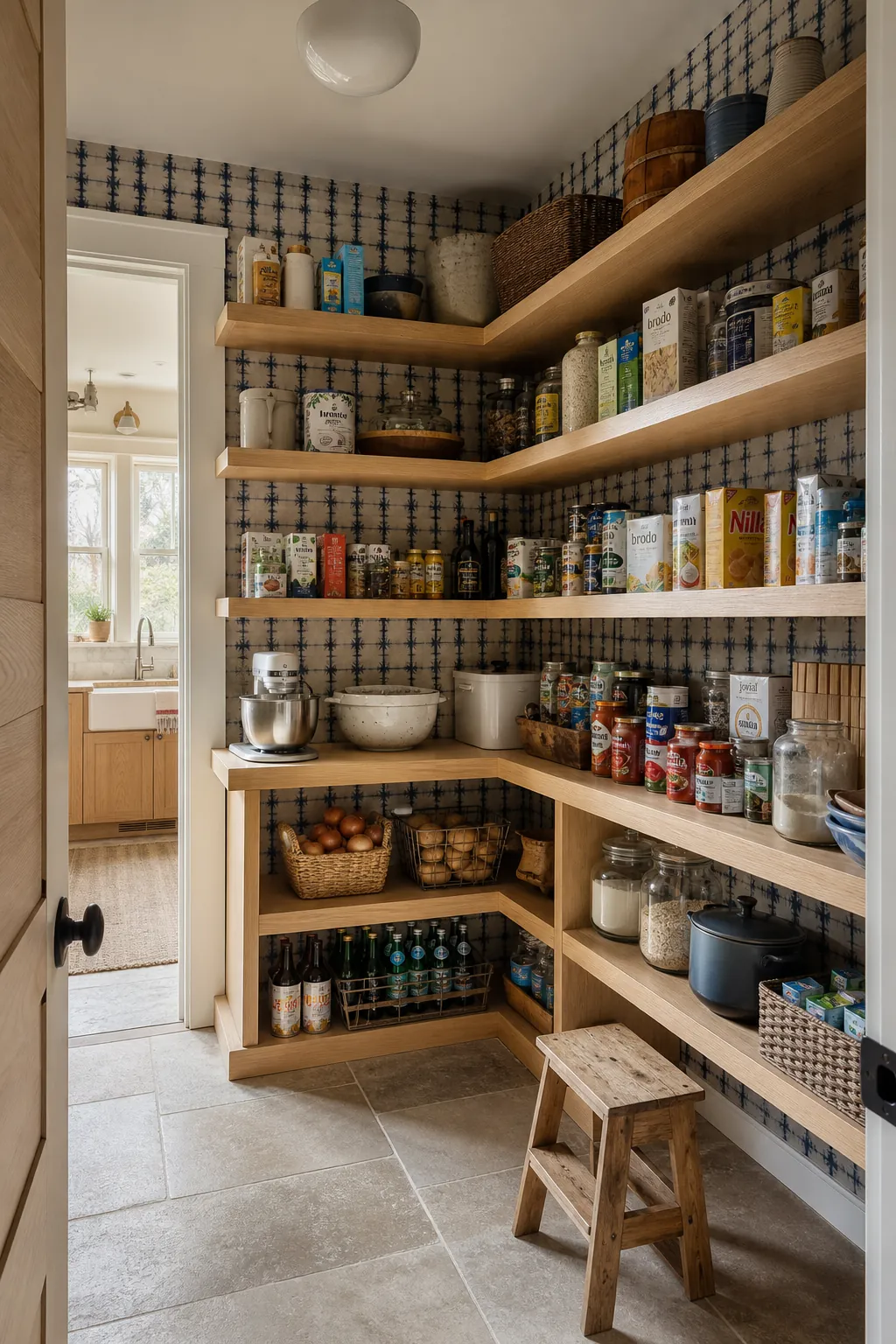 Walk in pantry shelves showing wrap two walls in an open l