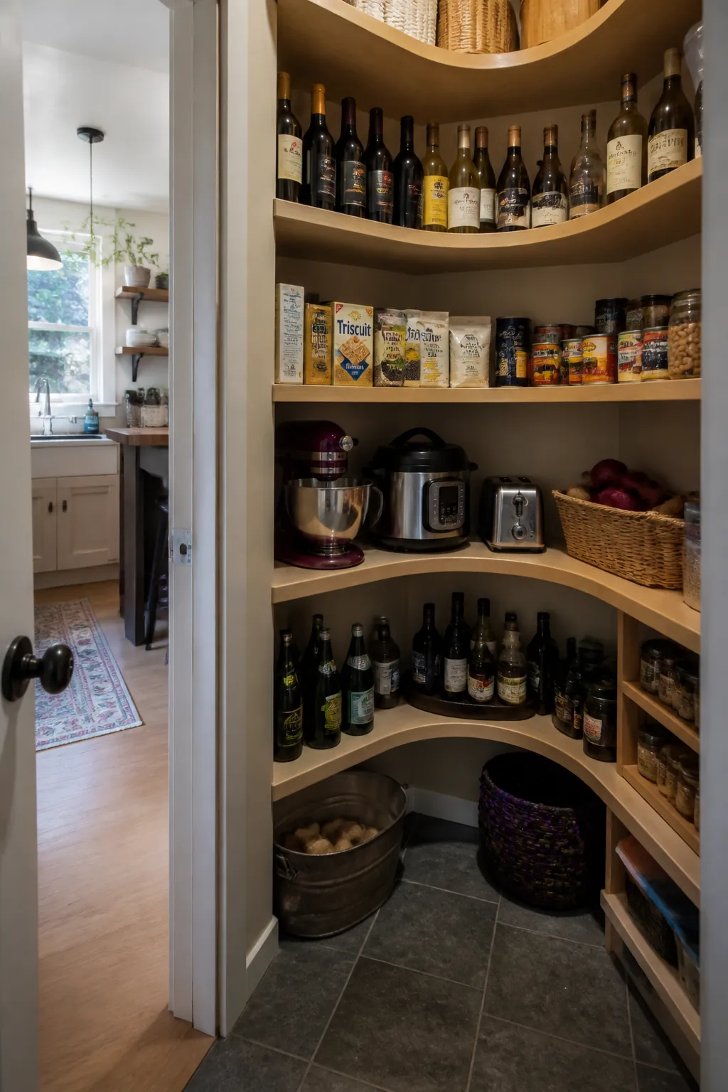 Walk in pantry shelves showing round the inside corner