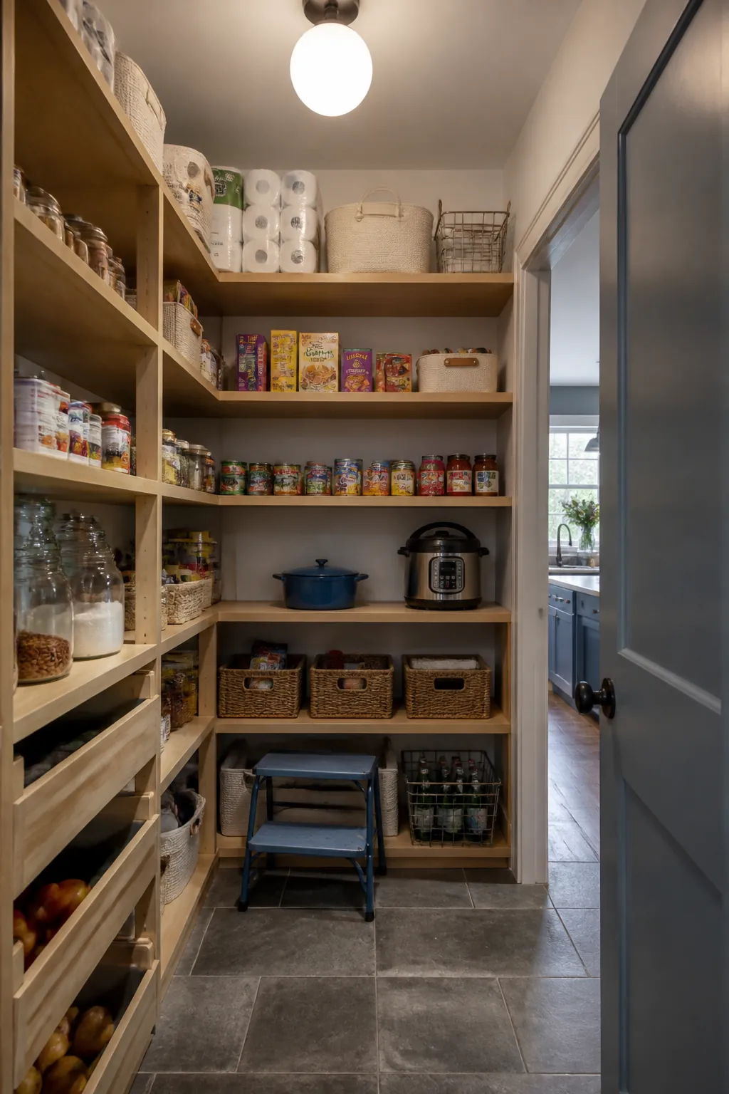 Walk in pantry shelves showing reserve the top for lightweight backstock