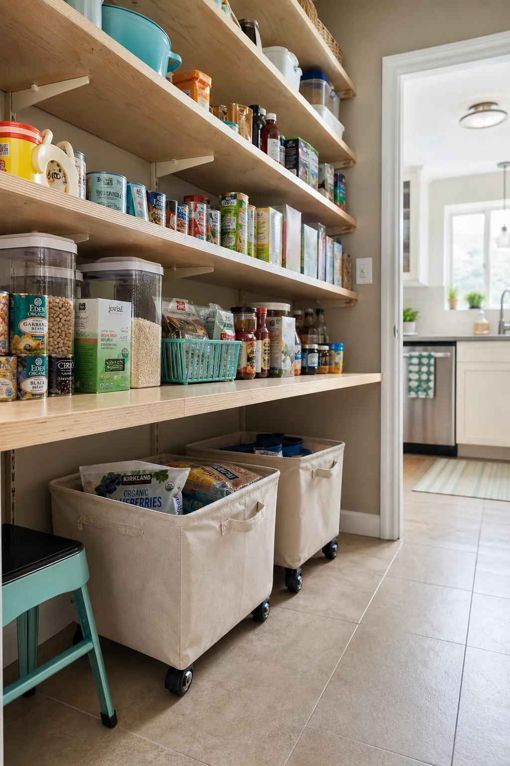 Walk in pantry shelves showing leave floor space under the first shelf