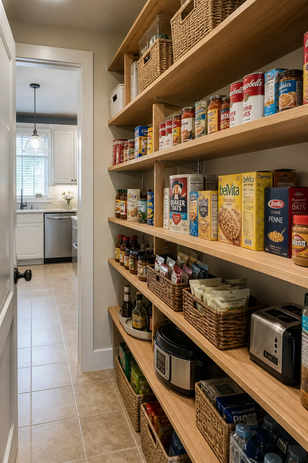 Walk in pantry shelves showing place fast movers at eye level