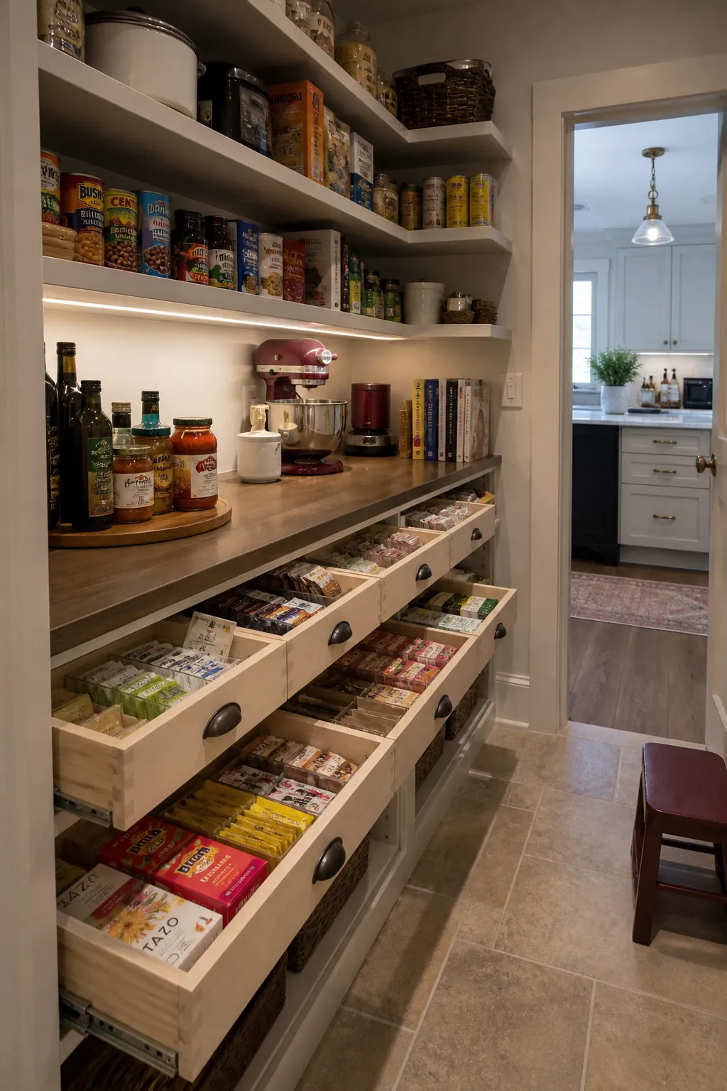 Walk in pantry shelves showing add shallow drawers below the counter