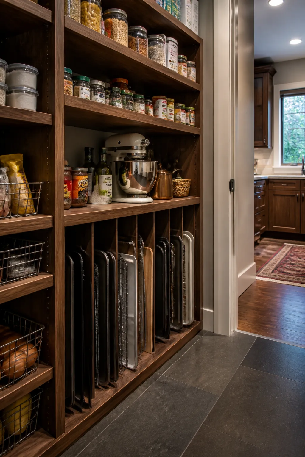 Walk in pantry shelves showing divide baking sheets vertically