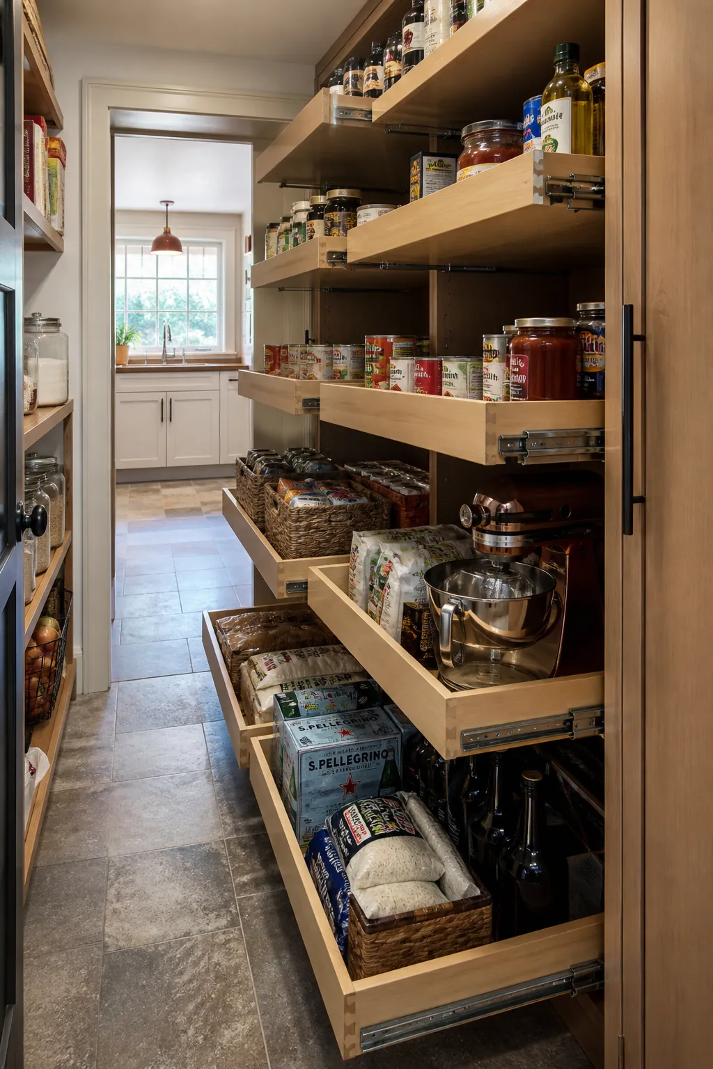 Walk in pantry shelves showing use pull-out trays in deep cabinet bays