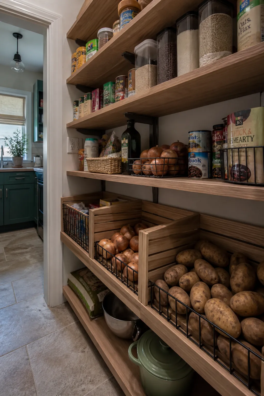 Walk in pantry shelves showing build ventilated produce shelves