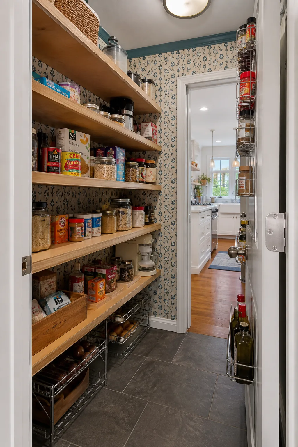 Walk in pantry shelves showing stop shelves before door hardware