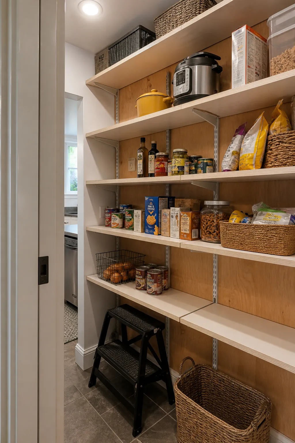 Walk in pantry shelves showing back custom shelves with plywood