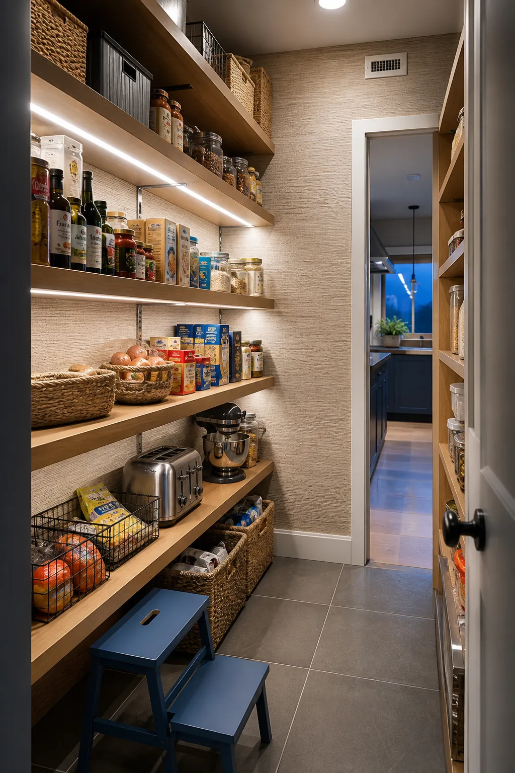 Walk in pantry shelves showing integrate light under selected shelves